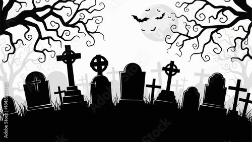 Graveyard Silhouette with Celtic Crosses and Tombstones.