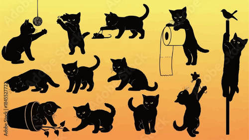 Collection of Black Cat Silhouettes in Various Playful Poses.
