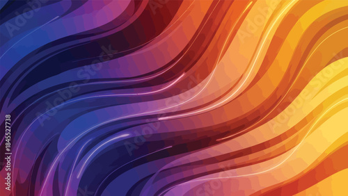 Vibrant abstract background with flowing wavy lines in a gradient of blue, purple, orange, and yellow hues, creating a dynamic and colorful design.
