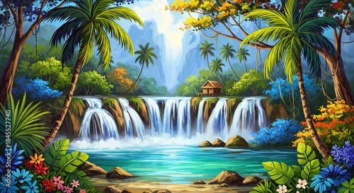Tropical Waterfall Paradise with Jungle Hut in Vibrant Oil Painting Style, 3D Painting Wallpaper, 3d modern art mural wallpaper, 3d mural wallpaper.	