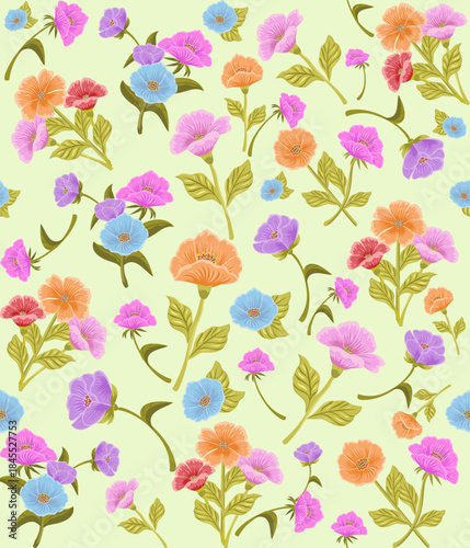 Floral cute seamless pattern with hand drawn beautiful flowers, garden blooming, Spring summer has a cozy background. Vintage trendy print. Cottage core aesthetic. Vector flat illustration. 