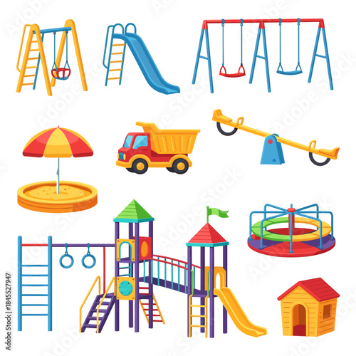 Set of illustrations featuring different types of children's playground items