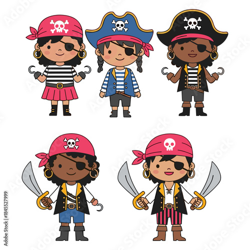 A collection of cute cartoon children dressed up as pirates in various costumes