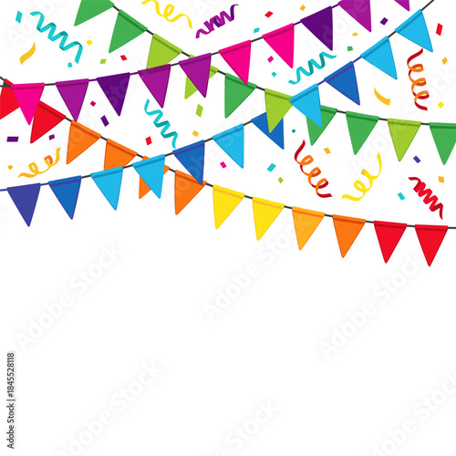 Colorful pennant flags and confetti border for festive celebration design
