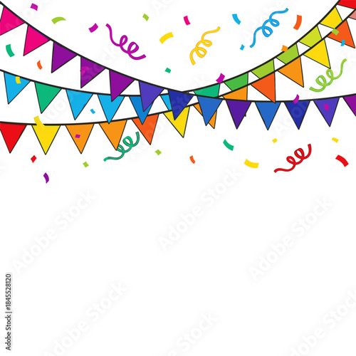 Vibrant pennant flags and confetti falling on a white background, perfect for celebrations
