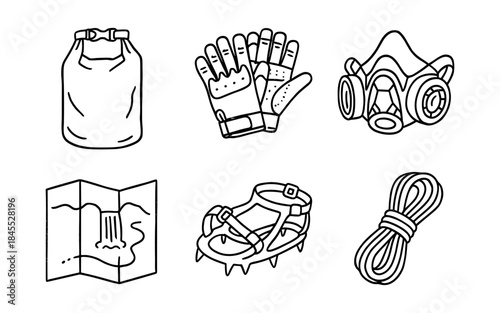 Collection of outdoor adventure and survival gear icons in a simple line art style