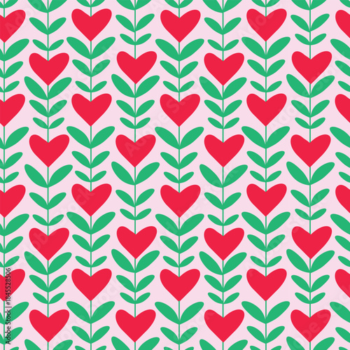 Hand drawn Red hearts on green vines and leaves seamless pattern on white background . for valentine’s day print , wrapping paper,  fabric and greeting cards,