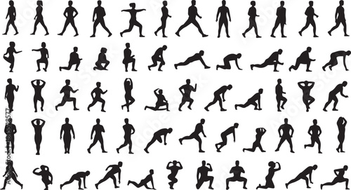  Human Silhouette Set — Fitness, Exercise, Workout Physical Activities — Solid Black People Icons for Health UI Design, Sports Branding, Mobile Apps, and Infographics — Editable Vector Template