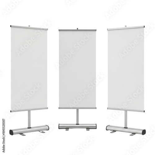 Three blank rollup banners on transparent background