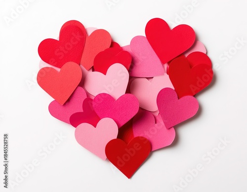 Red and pink paper hearts folded into a heart shape on a white background. Valentine's Day card.