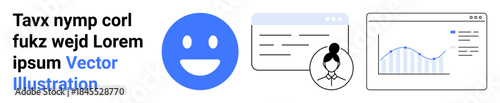 Communication tools, user profiles, data visualization, online interaction, analytics, digital interface. Blue happy face, profile image, chat box and line graph interaction and analysis