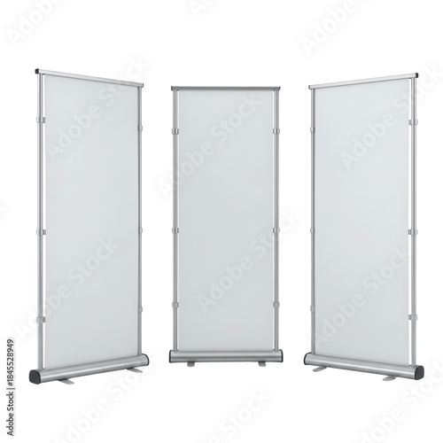 Three Blank Banner Stands Displaying White Banners