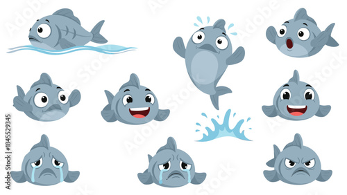 Cute cartoon dog character in various playful expressions and poses  