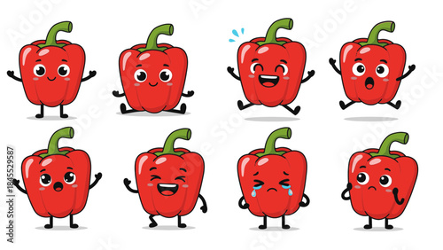 Red bell peppers displaying various emotions in playful cartoon style  