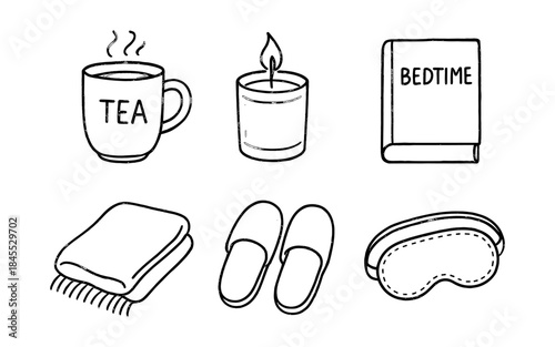 Cozy bedtime routine icons including tea, candle, book, blanket, slippers, and eye mask