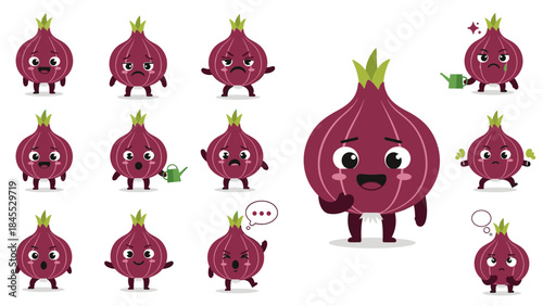 Cute cartoon onion character expressing various emotions and actions  