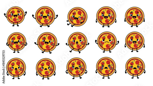 Cartoon pizza characters with various expressions and poses  
