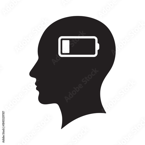 Low Battery Brain Concept Vector. Human Head Silhouette with Empty Battery Icon Symbolizing Mental Fatigue, Burnout, Stress and Low Energy