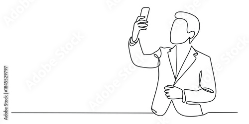 Businessman taking a selfie with a smartphone, continuous line art