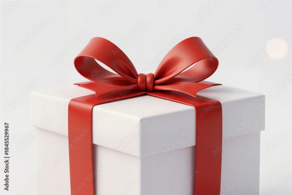 Obraz premium Elegant White Gift Box with Red Ribbon and Bow on Neutral Background