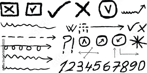 Handwritten symbols and checkmarks collection