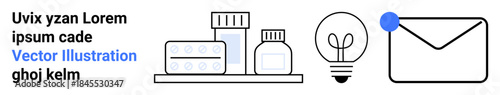 Healthcare, innovation, communication, pharmacy, medical supplies, graphic design. Illustration medicine bottles, a light bulb and an envelope. Healthcare and innovation concept