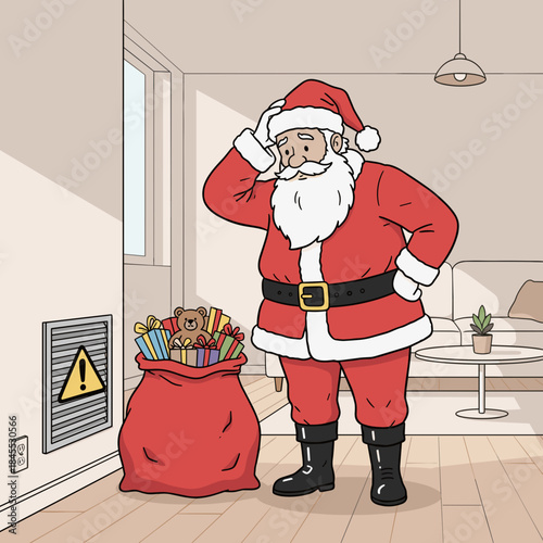 Santa Claus pondering next move with toy bag in modern living room  