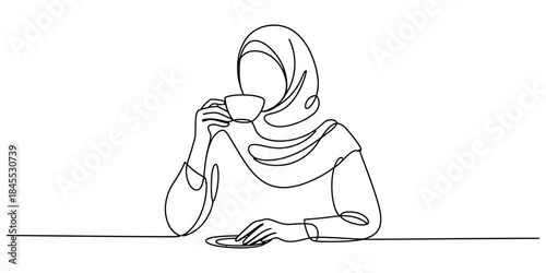 Woman in hijab drinking coffee or tea, continuous line art