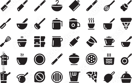Kitchen utensils and dishes icons for cooking and recipe design