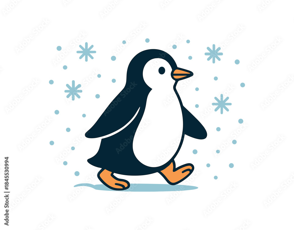 Fototapeta premium Flat vector illustration of bright walking through soft falling snowflakes winter
