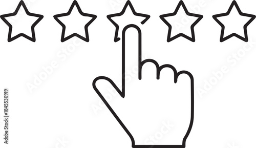 Outline Icon Showing a Hand Pointing to the Center Star in a Five-Star Rating System.