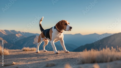 A beagle stands confidently on a rocky mountain ridge during sunset, with distant peaks in the background under a clear blue sky
