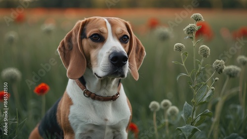 Close-up of a beagle dog sitting among wildflowers in a vibrant green meadow