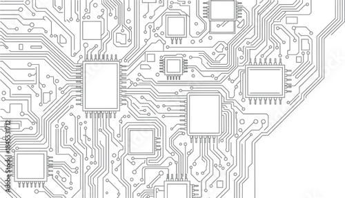 Black and white seamless pattern of microchip circuit board traces and components
