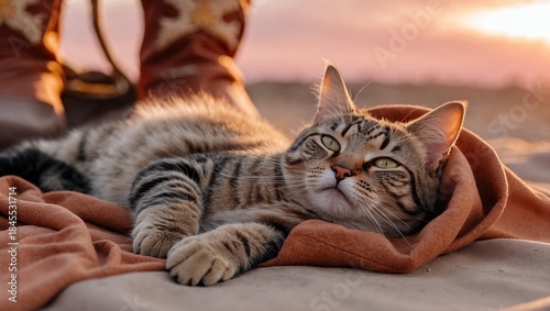A close-up of a sleeping tabby cat resting on a warm blanket under a sunset sky, conveying tranquility