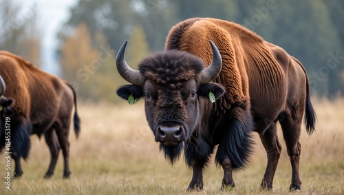 Close-Up of a Majestic Bison with Thick Fur Grazing in a Meadow with Blurred Background