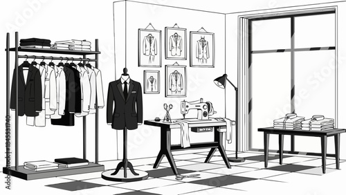 Tailor Shop Interior with Mannequin and Sewing Machine.