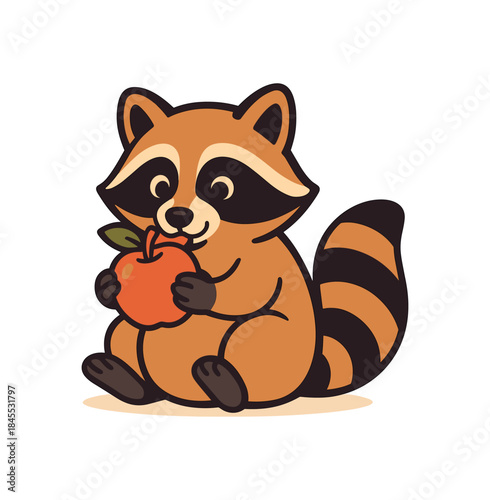 Flat vector illustration of bright raccoon holding an with both paws and nibbling
