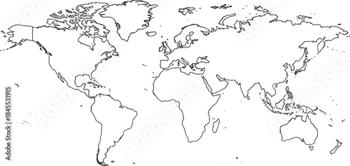 Blank outline world map showing continents and major landmasses in black line art