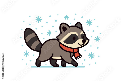 Flat vector illustration of bright raccoon walking through falling snowflakes wearing tiny scarf