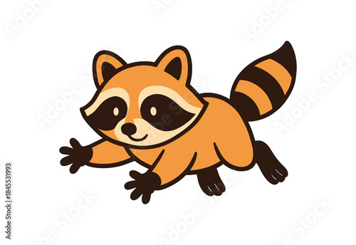 Flat vector illustration of bright raccoon pouncing forward playfully with paws