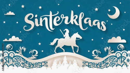 A card with Sinterklaas riding his white horse across a starry sky, with the moon and festive banners celebrating the Saint Nicholas holiday