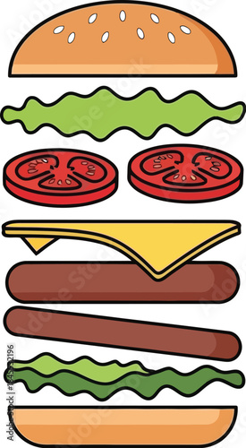 Exploded view illustration of a delicious double cheeseburger with fresh ingredients isolated