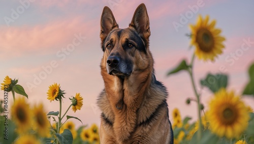 A German Shepherd dog standing proudly among vibrant sunflowers during sunset, capturing a serene atmosphere