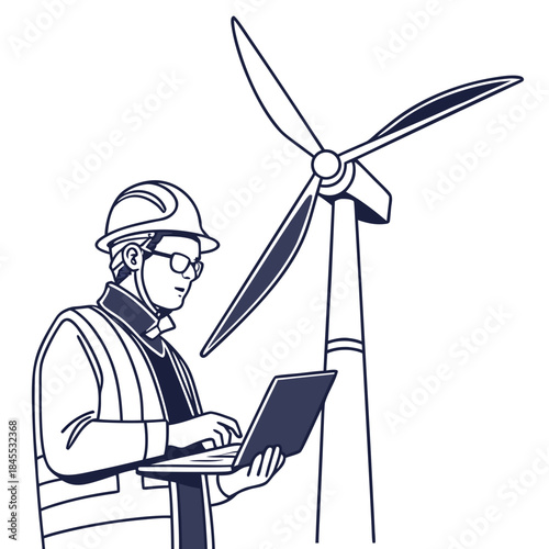 Engineer in hardhat using laptop next to wind turbine
