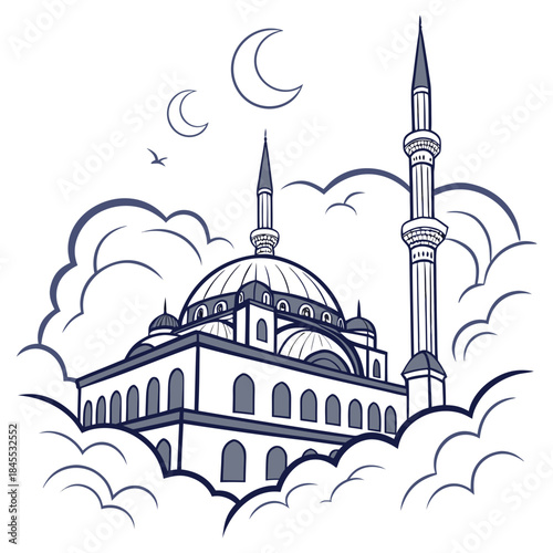 Floating mosque concept surrounded by clouds and crescent moons