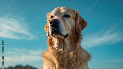A golden retriever standing against a clear blue sky, exuding calmness and loyalty, with sunlight reflecting on its fur