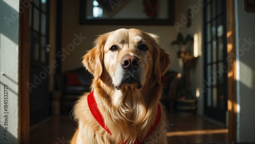 Golden retriever sitting indoors with sunlight streaming through a doorway, showcasing its vibrant fur and expression