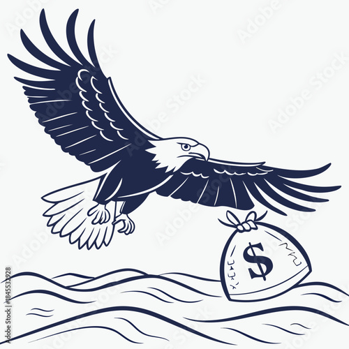 Eagle flying over sea carrying money bag with dollar sign