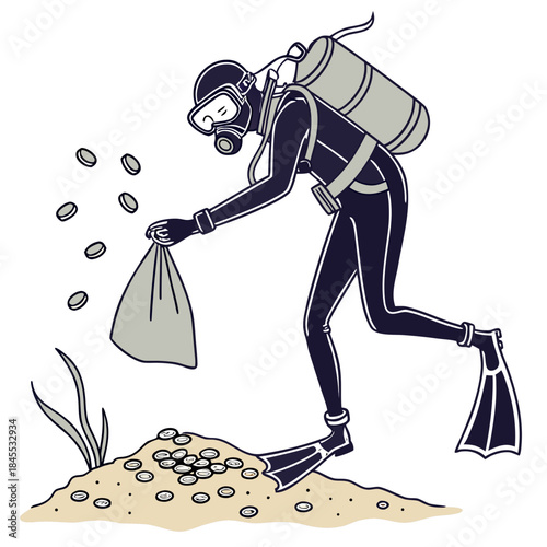 Scuba diver collecting coins from sea floor diving